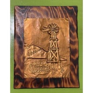 Vintage Copper Hammered Wood Mounted Windmill Handcrafted Plaque 8 3/4 x 11 1/4